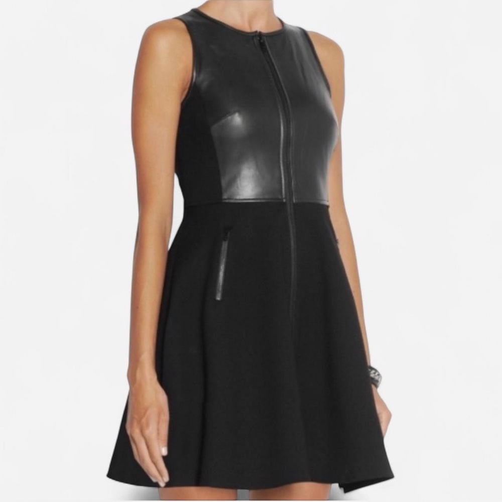 Tibi Black Leather & Ponte Zip Front Sleeveless Fit & Flare Mini Dress Size 6